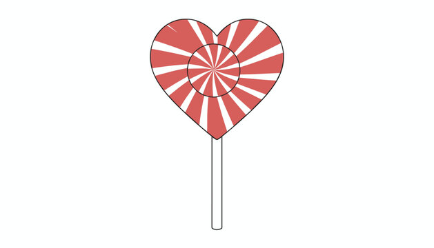 Sweet red and white striped heart shaped lollipop candy on a classic white stick against a solid white background.