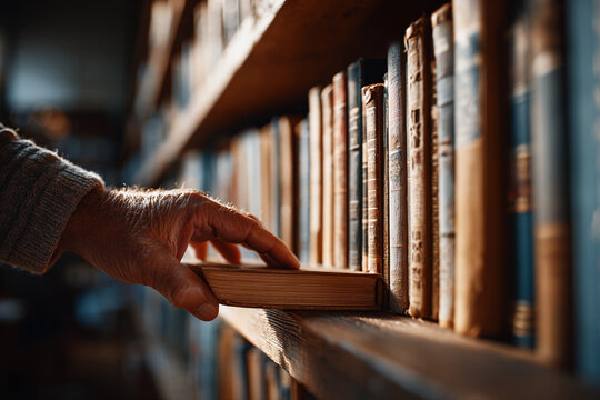 Elderly man's hand placing a book on a bookshelf. Library, reading and digital detox concept. Close-up shot for poster, visual material