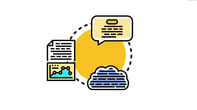 Ambiguous wording concept depicting a central idea connecting a speech bubble with text, a document with a graph, and a cloud of information, highlighting clarity challenges