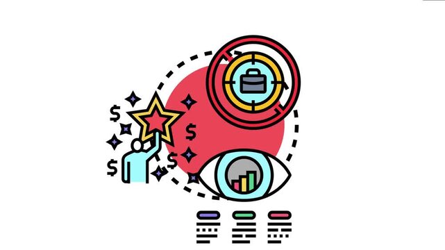 Business strategy outlining objectives, with a person striving for a star, representing aspiration and success, observed by an eye tracking progress towards a target briefcase