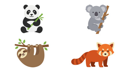 Obraz premium Cute Animals: Panda, Koala, Sloth, Red Panda - Flat Vector Illustrations