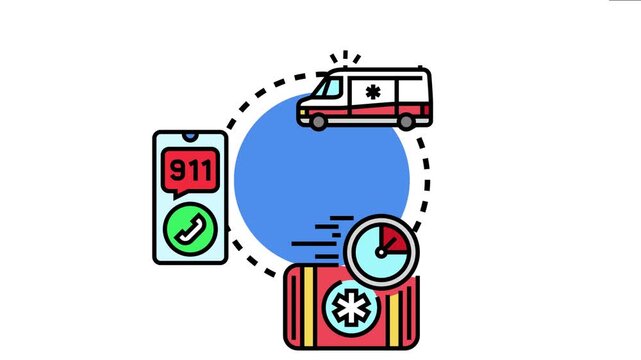 Medical emergency service system operating, showing an ambulance departing, a cell phone connecting to 911, and a first aid kit with a stopwatch symbolizing rapid response