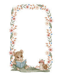 Cute watercolor mouse in green overalls reading book and smiling snail in flower hat on grass. Vintage woodland floral frame for nursery decor and children storybook. © Marina Morenova
