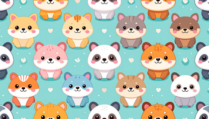 Obraz premium Adorable kawaii bear seamless pattern featuring cute faces, playful poses, and charming cartoon 