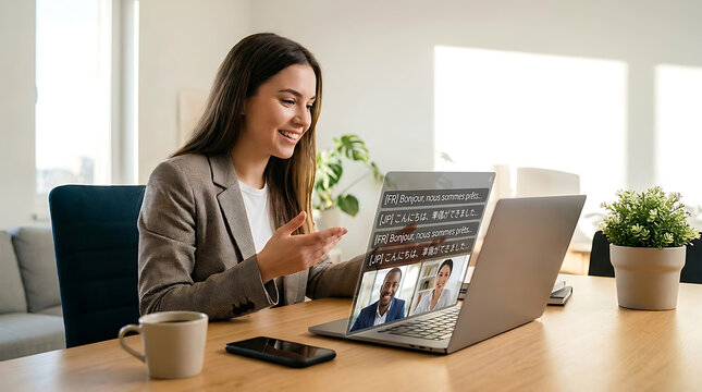 Businesswoman video calling international clients with real time AI translation captions