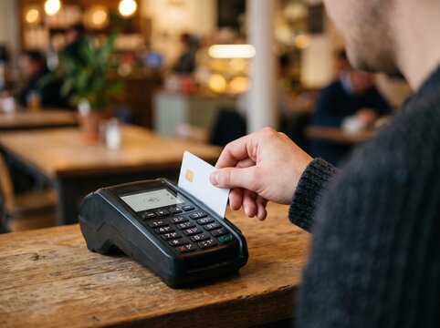Contactless credit card payment at cafe counter, customer using chip reader terminal, secure retail transaction in coffee shop