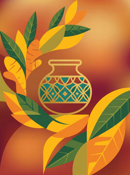 Stylized Pongal pot decorated with turmeric and mango leaves on warm orange background. Hindu Harvest Festival and Thai Pongal concept. Abstract graphic design for poster