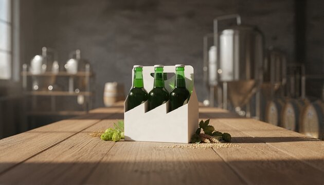 Dark green beer bottles on a rustic table with hops and barley