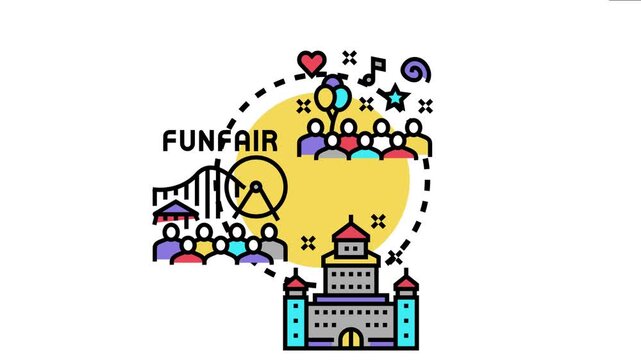People enjoying a vibrant event with amusement park elements, including a ferris wheel, roller coaster, and castle, symbolizing fun, entertainment, and celebration for children and adults