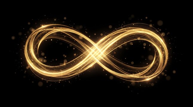 Glowing gold infinity symbol created with swirling light trails and shimmering particles representing eternal time and endless possibilities in abstract graphic design