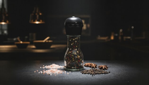 Dark moody spice mill on stone counter