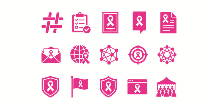 Set of pink ribbon icons representing breast cancer awareness and support campaigns in a flat vector style design