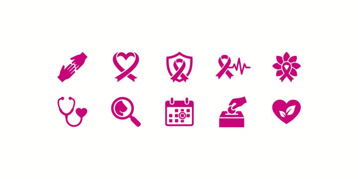 Set of pink breast cancer awareness icons featuring ribbons medical tools and support symbols for charity events