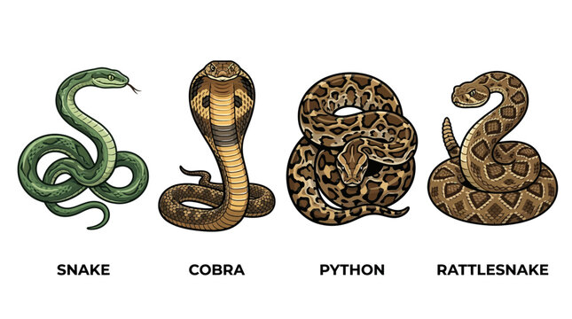 Diverse Snake Species Illustration: Cobra, Python, Rattlesnake, Green Snake