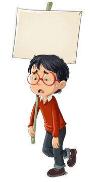 Ni&ntilde;o cansado con gafas que lleva una pancarta, ilustraci&oacute;n infantil