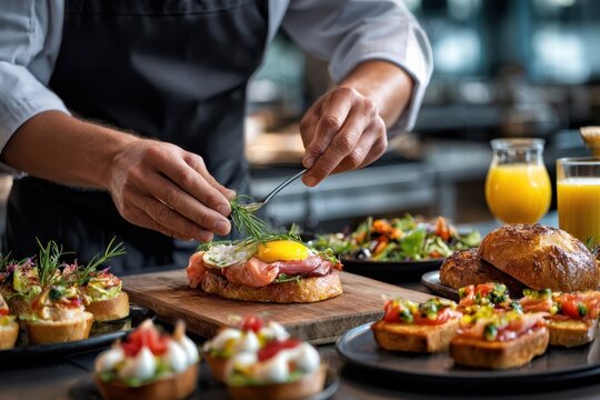 Chef preparing gourmet brunch dishes with fresh ingredients in modern kitchen