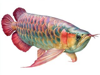 Naklejka premium Vibrant Red And Blue Arowana Fish Illustrative Portrait On Clean White Background