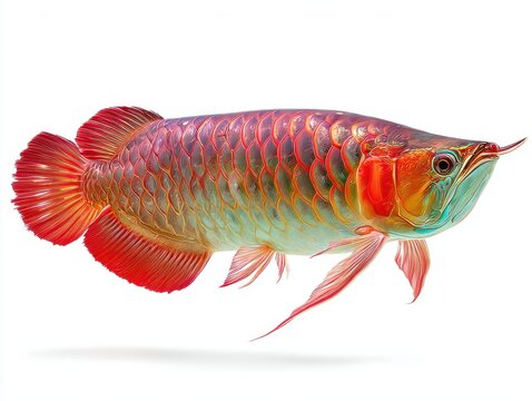 Vibrant Red Asian Arowana Fish Isolated On White Background With Detailed Scales