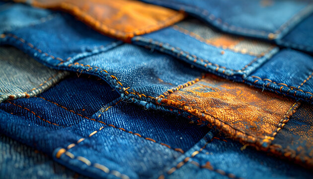 Close-up view of a rustic patchwork textile made from blue denim and distressed orange fabric squares, stitched together.