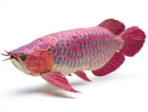 Vibrant Red Arowana Fish With Metallic Shimmering Scales Isolated On Clean White Background Studio
