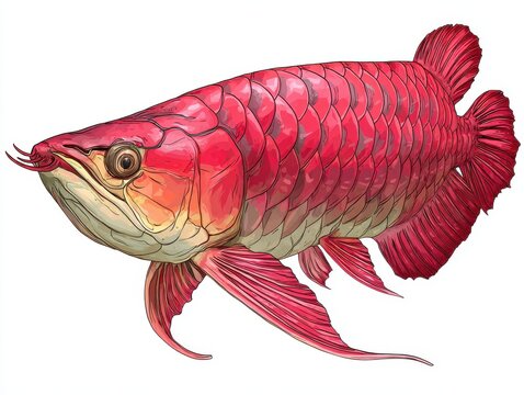 Vibrant Red Asian Arowana Fish With Metallic Scales Isolated On A Clean White Background