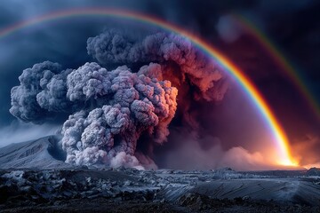 Fototapeta premium Volcanic eruption with double rainbow at dusk