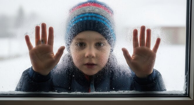 A young child with hands pressed against a frosty window covered in melting snowflakes, wearing a colorful winter hat, looking outside in a snowy winter scene, captured in, A vector illustration.