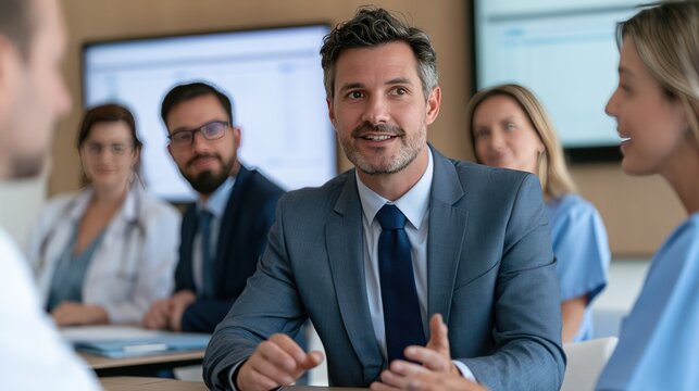 A group of medical professionals in a meeting, with one man in a suit leading the discussion. The atmosphere is professional and focused.