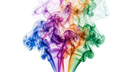 Fototapeta premium Rainbow colored smoke swirls, vibrant abstract incense vapor plumes, ethereal multi-colored mist for creative design backgrounds isolated PNG with Transparent Background