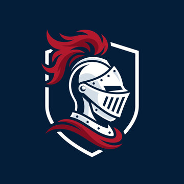 Medieval knight helmet with red plume on shield backdrop.