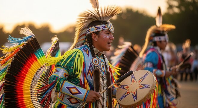 Vibrant image of a Native American dancer performing a traditional powwow ceremony with colorful feathered headdress, intricate beadwork, drum, and ceremonial attire during sunset.
