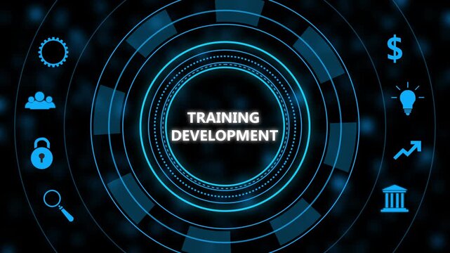 Training development concept with digital hud interface and business growth corporate learning and skill enhancement motion