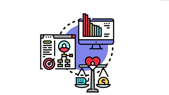 Illustration depicting an integrated system analyzing data, setting strategic goals, processing customer segments, and balancing emotional value with financial returns