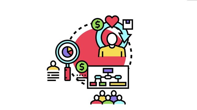 Vector showing a strategic process of data analysis, marketing, and customer engagement, leading to informed business decisions and problem solving