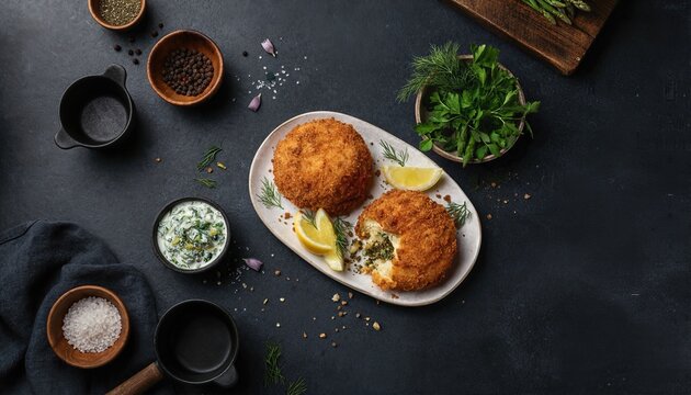 Elegant vegan fishcakes on a dark slate surface