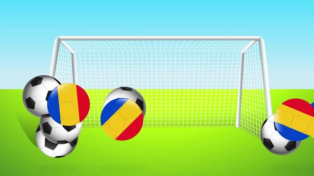 Bouncing Soccer Balls and Romanian Flag Spheres in Front of Goal