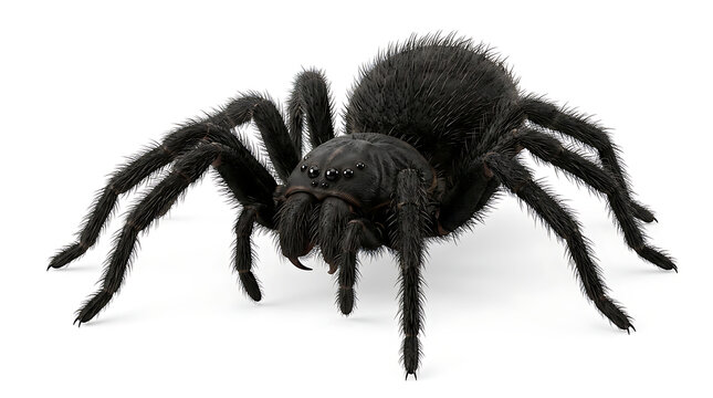 Tarantula spider features detailed black furry texture and sharp fangs against a clean white background.