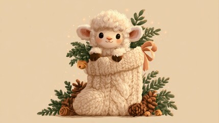 Fototapeta premium Cute lamb standing beside a festive wreath in a cozy holiday setting, sweet seasonal character, Christmas, New Year.