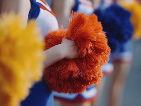 Cheerleader holding an orange pom pom during a performance, actively supporting a sports team and generating enthusiasm for school spirit