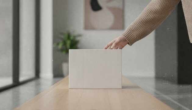 Elegant white mailing box on a contemporary hallway bench in soft morning light