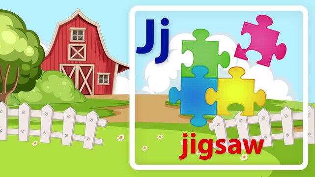 Educational Alphabet Animation for Letter J with Jigsaw Puzzle and Farm Background