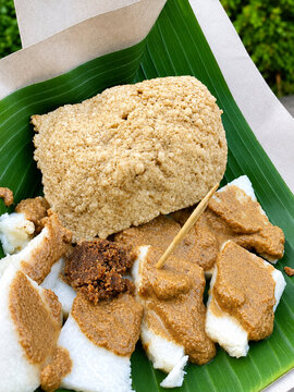 Traditional Indonesian Food Cabuk Rambak Served on Banana Leaf