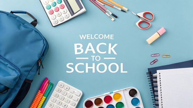 School supplies arrangement on blue background with welcome back to school concept