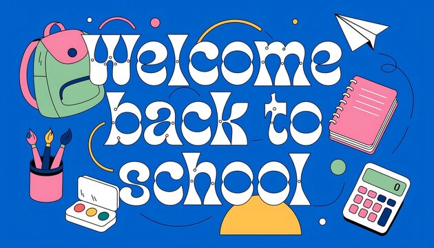 Welcome back to school typography design with school supplies and blue background