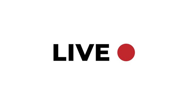 4K motion graphic of Blinking Live text with alpha channel transparency. 2D cartoon animation of Recording button icon on white background.