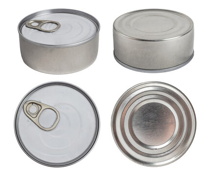 A collection set of various shallow metal food cans with pull-tab lids viewed from different angles, showing top, bottom, and side perspectives, isolated on a transparent background.