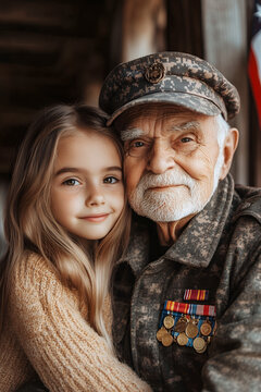 Senior Caucasian military veteran with medals and young girl embracing in a close up portrait representing multi-generational family bond