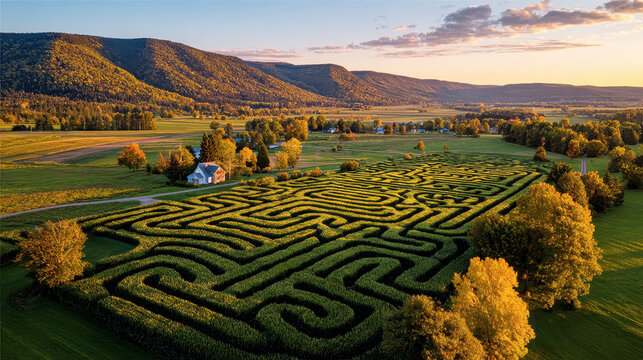 Aerial view of a complex corn maze on a rural farm at golden hour with autumn foliage and mountains