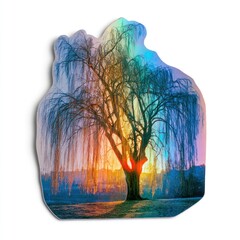 Fototapeta premium Colorful willow tree silhouette with sunset glow and rainbow light