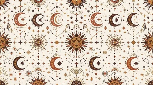 Seamless Pattern of Celestial Suns and Moons on Beige Background.